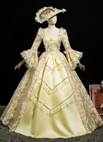 Retro Rococo Champagne Victorian Masked Dress Lace Three Quarter Sleeves Renaissance Lolita Tea Party Dress with Hat
