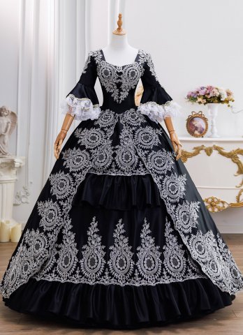 Elegant Medieval Retro Black Halloween Masked Prom Dresses Ball Gown Lace Embroidery Half Sleeves Square Neckline Floor Length Long Formal Dress