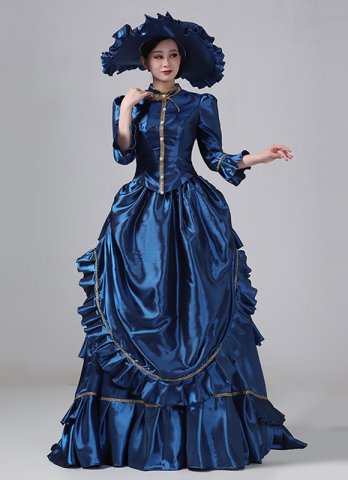 Blue Victorian Bustle Dresses Edwardian Masquerade Ball Dresses