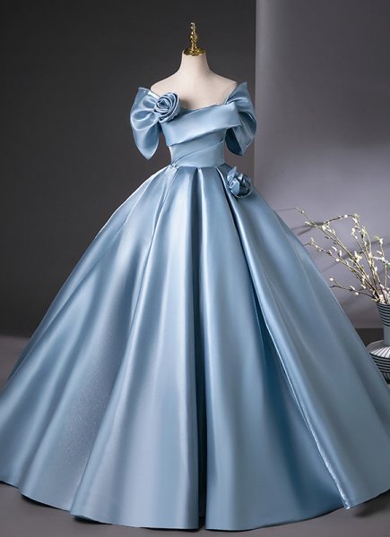 Women Blue Silk Satin Formal Gala Dress