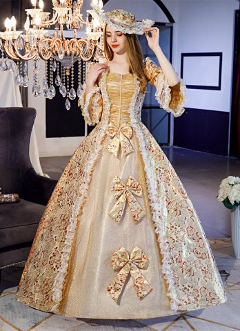 우아한 골드 프린트 로얄 팰리스 마리 앙뜨와네트 볼 가운 남북 전쟁 중세 르네상스 드레스 재연 의상