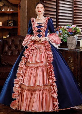 럭셔리 네이비 블루 로코코 마리 앙뜨와네트 볼 가운 가장 무도회 파티 드레스 극장 의상