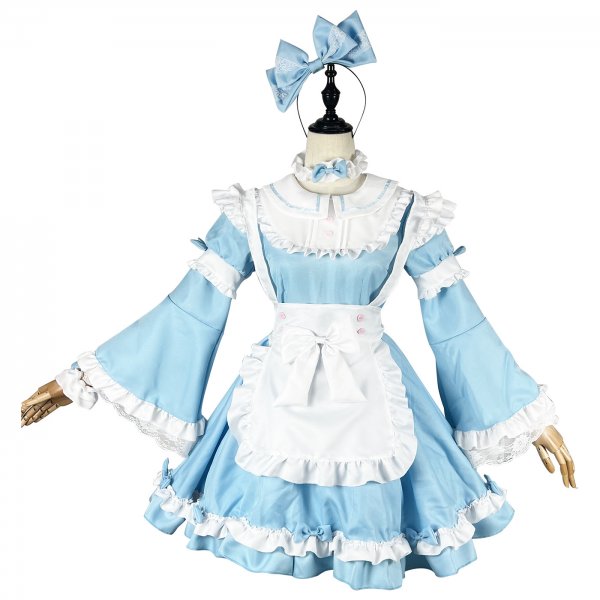 Blue Long Flare Sleeves Alice Fairyland Lolita Dress Women Maid Cosplay Uniform Costume