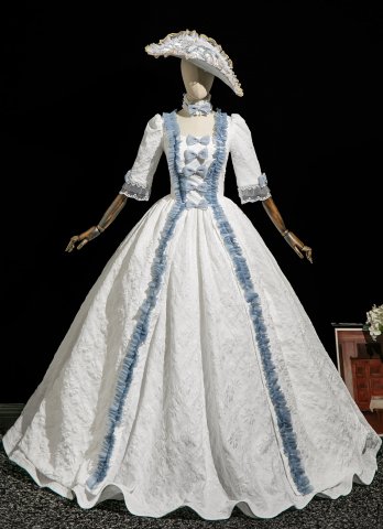 Graceful Vintage Rococo Renaissance White Masked Prom Ball Dress Bow Lace Half Sleeves Long Party Dress with Hat