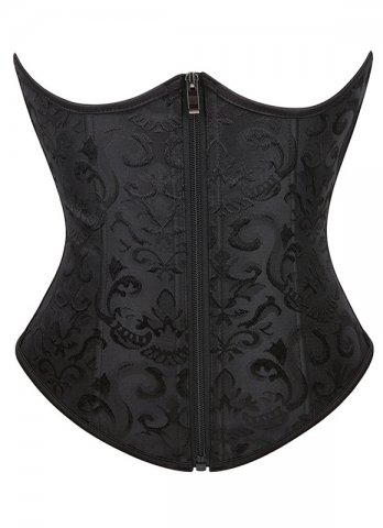 Black Jacquard Brocade Underbust Corset With Front Zips