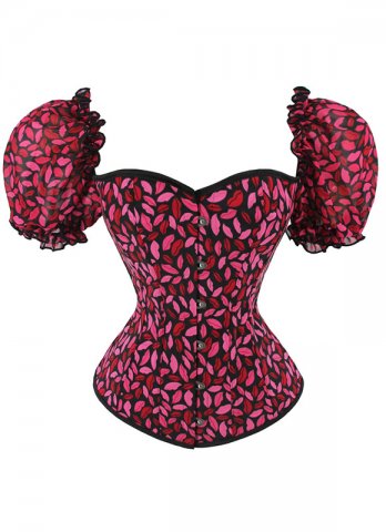 Red Lip Printed Corset Top with Short Sleeves
