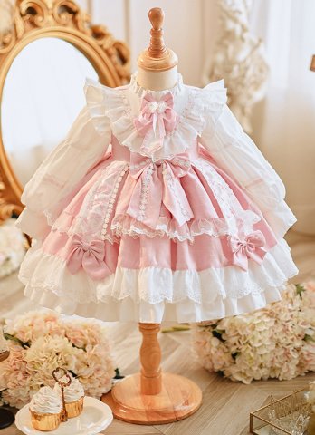 Pink Floral Kids Lolita Dress Girls Sweet Princess Lace Dress