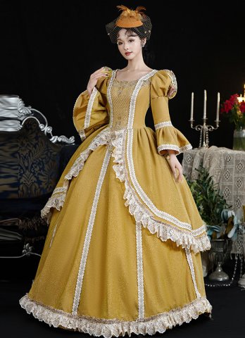 Vintage Yellow Women Masquerade Party Dress Theater Clothing