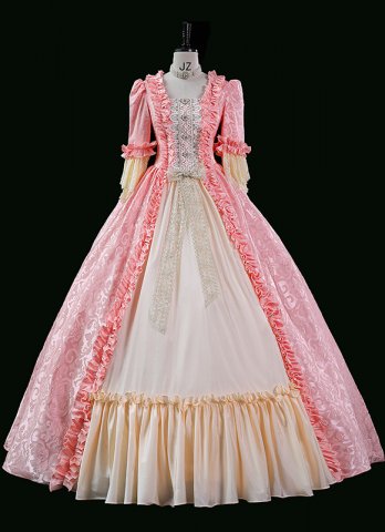 Vintage Pink Jacquard Renaissance Fair Colonial Lady Princess Tea Party Garden Floral Marie Antoinette Gown Dress Theater Costume