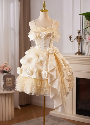 Champagne Lace Tiered Short Spaghetti Straps Graduation Dress