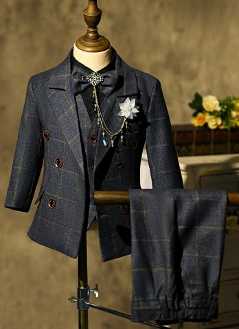 Upscale Boys Plaid Check Suits Kids Formal Wedding Prom 5 Piece Set