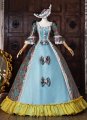 Blue Floral Brocade Victorian Ball Gown Bow Lace Half Sleeve Flooer Length Lace-Up Corset Back Masquerade Dress