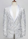Men White Cashew Flower Shiny Sequin Floral Shawl Lapel Suit Jacket Weddings Prom Banquets Formal Blazer