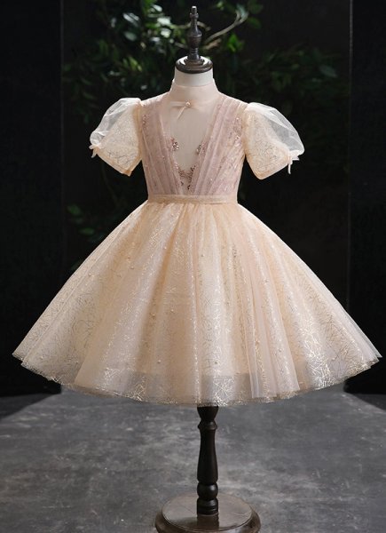 Girls Mock Neck Pearl Tulle Champagne Short Dresses Size 3-12