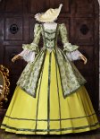 Yellow Green Floral Brocade Victorian Rococo Ball Gown Lace Long Sleeve Floor Length Formal Party Dress