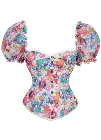 Red Printed Chiffon Corset Top With Puff Sleeves