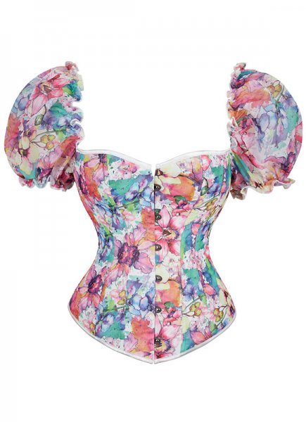 Red Printed Chiffon Corset Top With Puff Sleeves