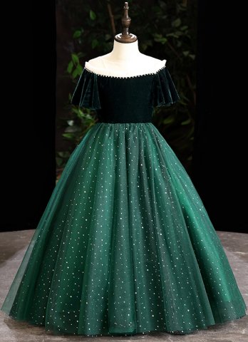 Vintage Green Velvet Mesh Dress Banquet Party Dresses For Children