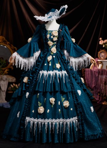 Renaissance Retro Blue Rococo French Victorian Style Dress Square Neckline Lace 3/4 Sleeve Flowers Floor Length Long Prom Formal Dress
