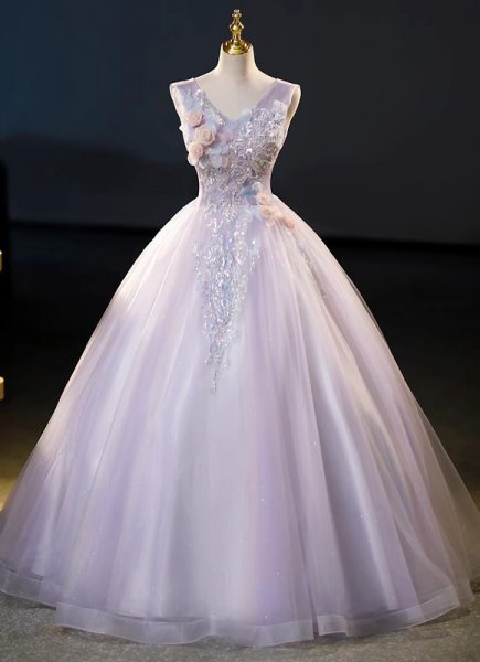 Princess V-Neck Floor-Length Tulle Prom Dresses With Sequins