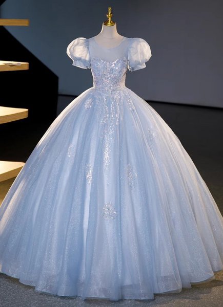 Girls Princess Blue Short Sleeve Glitter Prom Dress