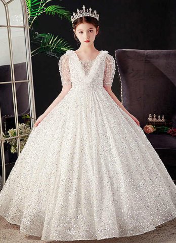 White Girls Sequin Baptism Wedding Formal Dresses