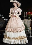 Vintage Pink Rococo V-Neck Long Sleeves Masquerade Victorian Ball Gown Reenactment Theater Clothing