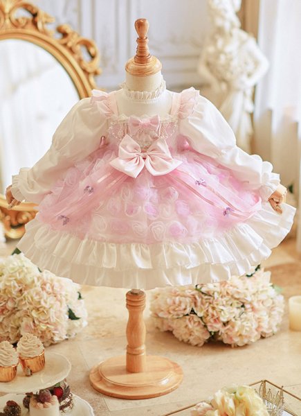 Children Bubble Sleeve Princess Dress Kids Pink Formal Dress