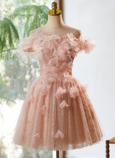 Pink Glitter Off-the-Shoulder Applique Feather Formal Dress
