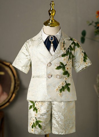 Jacquard Brocade 5 Piece Kids Boys Formal Blazer Jacket and Half Pants Dress Suits Set for Party
