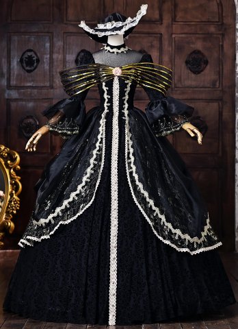 Black Brocade Hollow-out Lace O-Neck Long Sleeves Floor Length Masquerade Ball Dress