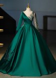 Green Red Satin Long Sleeve Stage Formal Dress