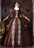 Brown Satin Lace Flower Short Puff Sleeve Floor Length Masquerade Dress