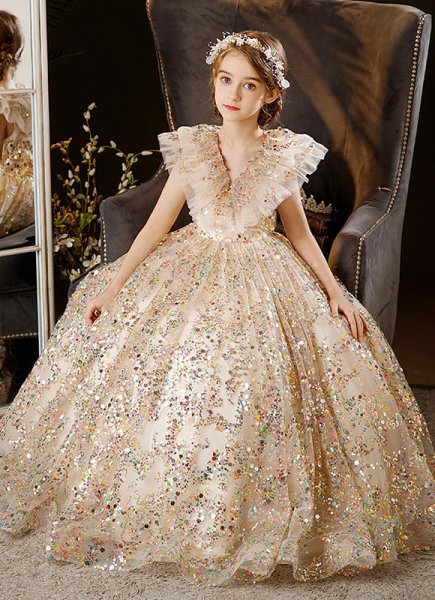 Champagne Children Ruffle Neck Sequin Mesh Princess Party Dress