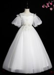 Children Puff Sleeve White Sequin Tulle Wedding Party Dresses