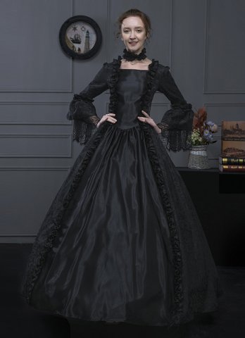 New Black Floral Jacquard Renaissance Medieval Square Collar Long Lace Sleeves Gothic Victorian Dress Vampire Costume