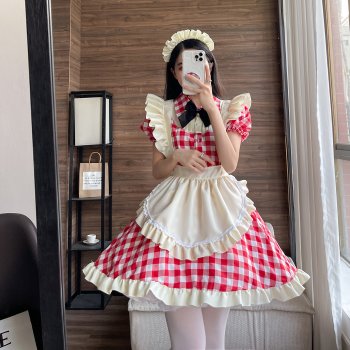 Black and Red Plaid Japanese Lolita Dress Sexy Maid Uniform Outfit