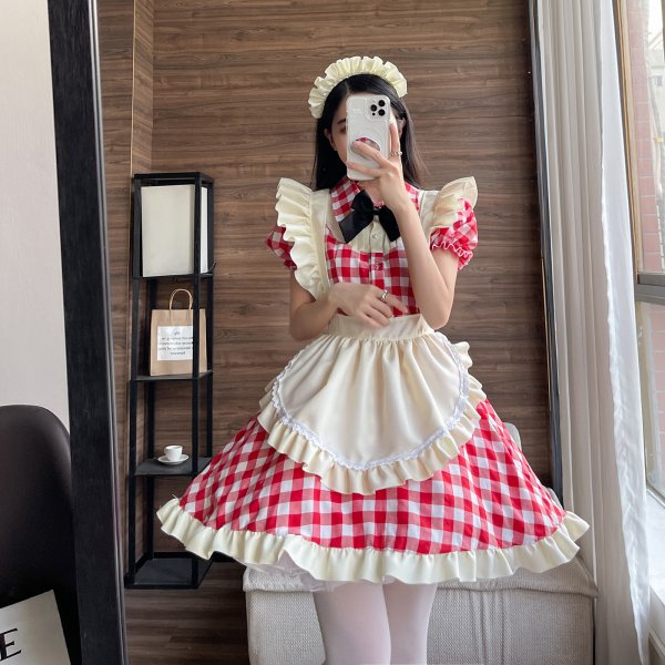 Black and Red Plaid Japanese Lolita Dress Sexy Maid Uniform Outfit