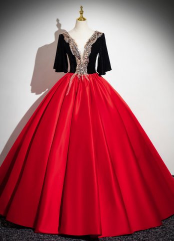 Deep V-Neck Black And Red Patchwork Satin Long Formal Dresses