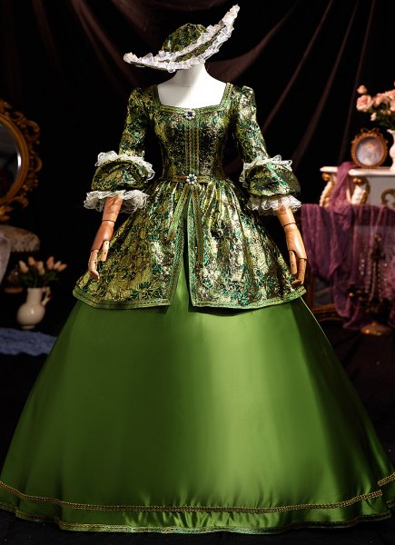 Retro Green Floral Brocade Prom Tea Party Dress Square Collar 3/4 Sleeve Beading Crystal Long Formal Christmas Dress