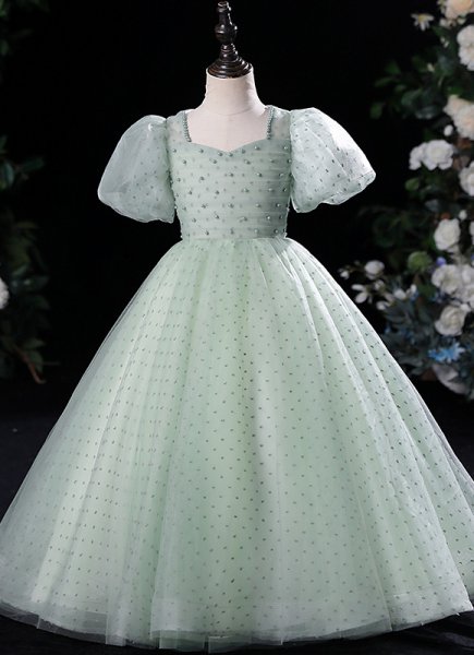 Green Forest Style Girls Bead Party Communion Dresses