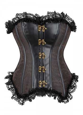 Vintage Gothic Brocade And PVC Corset with Lace Ruffles