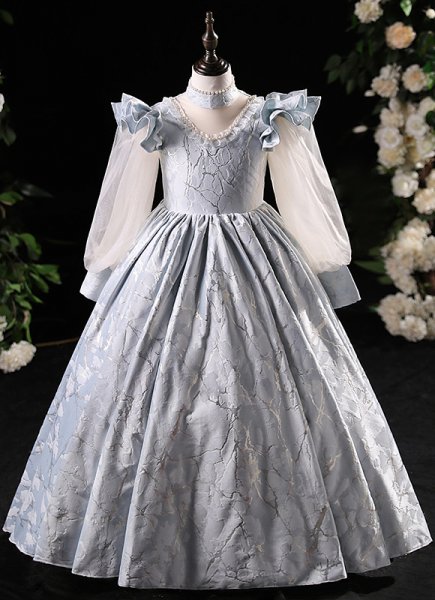 Vintage Children Ruffle Sleeve Texture Print High Neck Party Dress