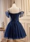 Deep Blue Pearl Button Tulle Midi Formal Cocktail Dress 2