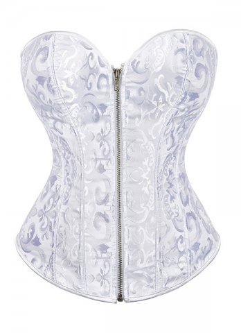 White Jacquard Brocade Overbust Corset With Zip Front