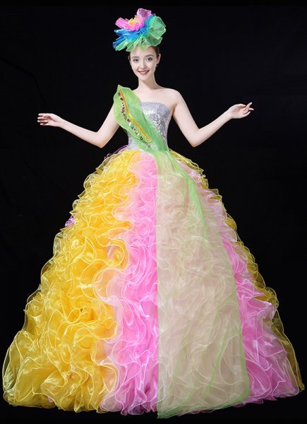 Women One Shoulder Tutu Dresses Singger Stage Long Dress