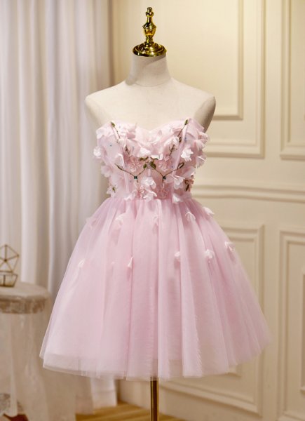 Pink Strapless A-Line Sweetheart Short Corset Graduation Dress With Flower