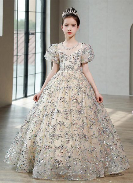 Little Girls Colorful Sequins Tulle Birthday Party Formal Dress