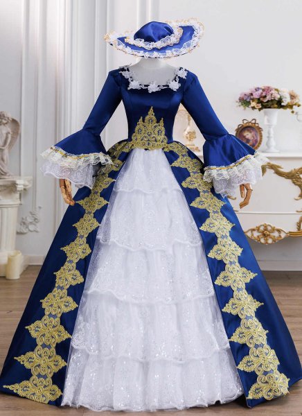 Royal Blue Embroidered Lace Masquerade Ball Gown Lace Long Sleeve Floor Length Formal Historical Prom Dress