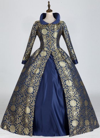 Clearance Vintage Floral Brocade Stand Collar Long Sleeves Floor Length Victorian Dress